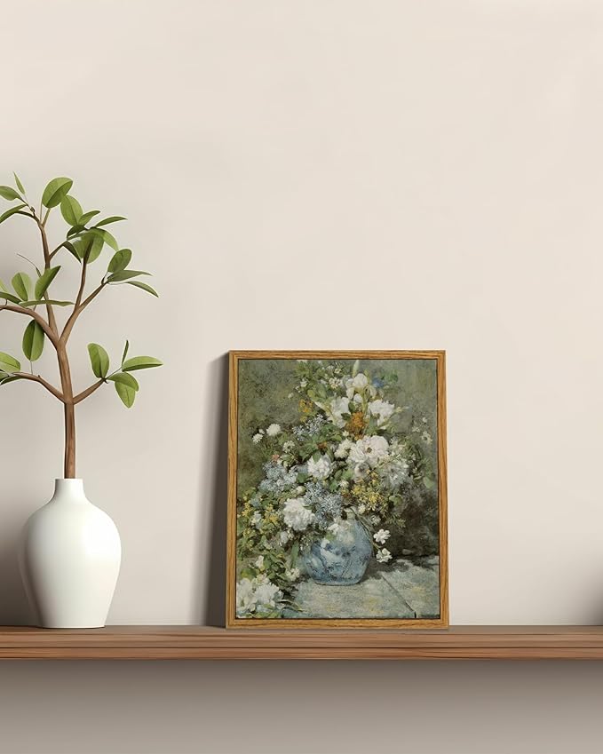 ARPEOTCY Framed Canvas Floral Wall Art Print, Vintage French Flower Spring Botanical Wall Art Home Decor, Ceramic Vase Floral Oil Painting for Living Room, Bedroom, Office Shelf Decor, 8x10 inch