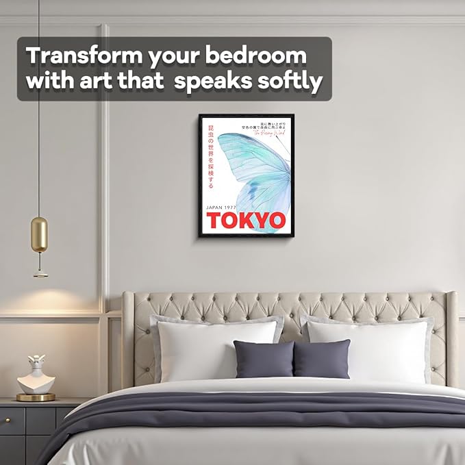 Tokyo Butterfly Wall Art, sky blue butterfly, Japanese retro wall decor, matte finish framed canvas print, Tokyo travel poster artwork, for travel lovers gift, 12x15 inch
