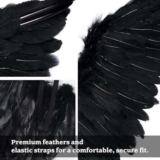 SEVADA Black Angel Wings and Halo for Adult Women, Dark Devil Fallen Feather Angel Wings for Kids Girls