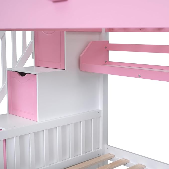 Full-Over-Full Castle Style Bunk Bed with 2 Drawers and 3 Shelves, Wood Bunk Bed Frame with Slide and Storage Staircase for Kids Teens Boys Girls, Maximize Space Savings