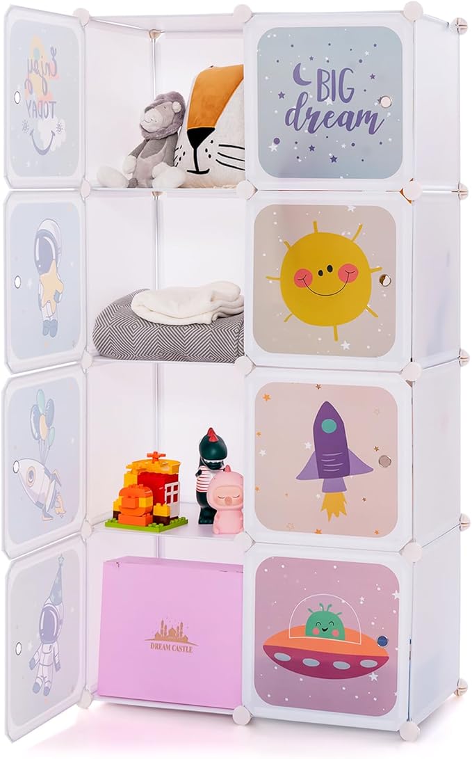 INFANS Children Wardrobe, Kid Closet Portable Baby Dresser Cute for Kids Bedroom Nursery Armoire with Doors 12 Cube 2 Hanging Sections, Kid Clothes Storage Organizer (White, 8 Cubes)