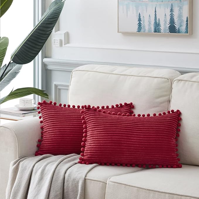 Fancy Homi 2 Packs Burgundy Lumar Decorative Throw Pillow Covers 14x24 Inch with Pom poms, Christmas Home Decor, Soft Corduroy Accent Rectangle Cushion Case for Living Room Couch Bed Sofa