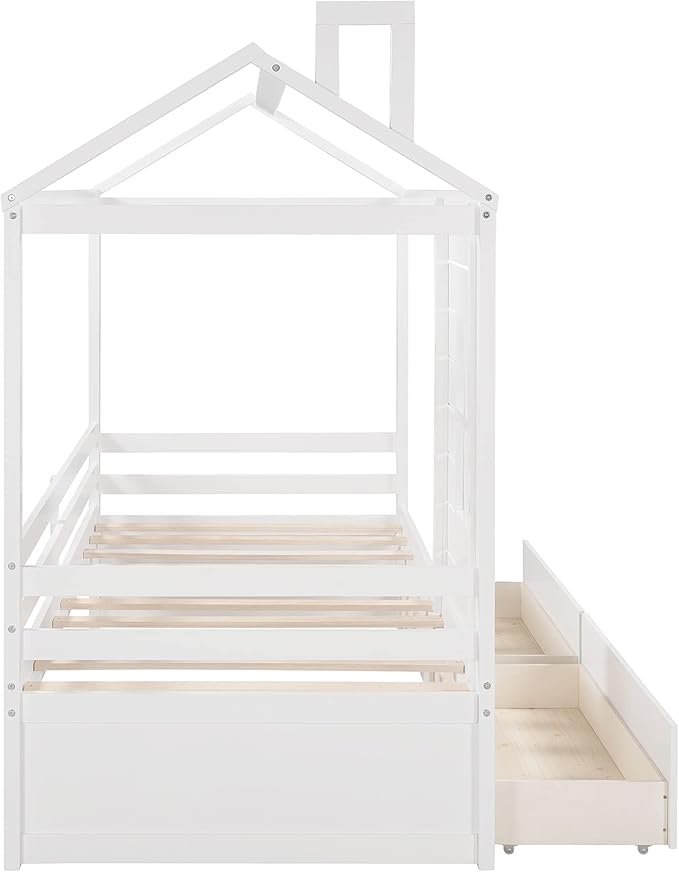 Merax House Bed with Two Drawers, Window and Roof, Twin Size Wood Storage Bunk Bed Daybed Can be Decorated for Girls, Boys (White)