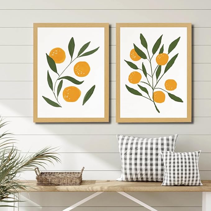 Abstract Lemon Orange Canvas Painting Watercolour Citrus Fruit Poster Boho Kitchen Wall Art Botanical Picture Home Room Decor Framed(12x16Inch Framed)