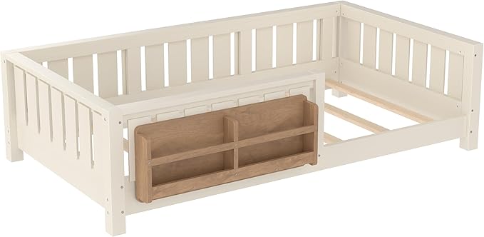 Bellemave Twin Size Floor Bed with high Rails and with Built-in Bookshelf for Kids, Girls, Boys, Wood Montessori Floor Bed Without Door, Beige