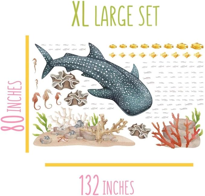 Ocean Wall Decals – Fish Window Clings, Ocean Decals, Wall Stickers Peel & Stick Removable Wall Stickers for Nursery Baby Kids Bedroom Bathroom, X-Large Set (132″ W × 80″ H) 120 Pcs