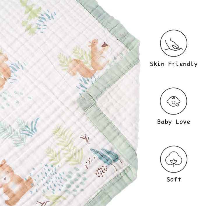 BATTILO PTY 6 Layer Muslin Baby Blankets, Nursery Blankets for Boys Girls, Swaddle Blankets Babt Blanket Neutral Soft Lightweight Toddler and Kids Throw Blanket (Green Squirrel)