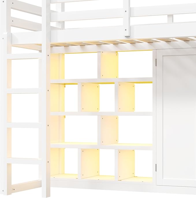 Playhouse Style Loft Bed Twin Size with Slide and Ladder, Solid Wood Loft Bed Frame with Wardrobe and Storage Shelves for Kids Teens, Maximize Space