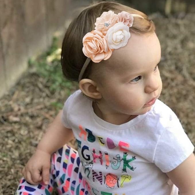 Baby Girl Floral Headbands- 3pcs Nylon Headband Handmade Flower Crown Elastic Hairband Newborn Toddler Hair Accessories Gifts for Girls （1-6 years old）
