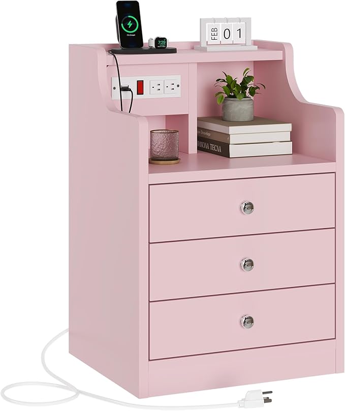 ADORNEVE Night Stand Set 2,Pink Nightstand with Charging Station & Hutch,Night Stands for Bedrooms Set of 2,Bedside Table with Drawers