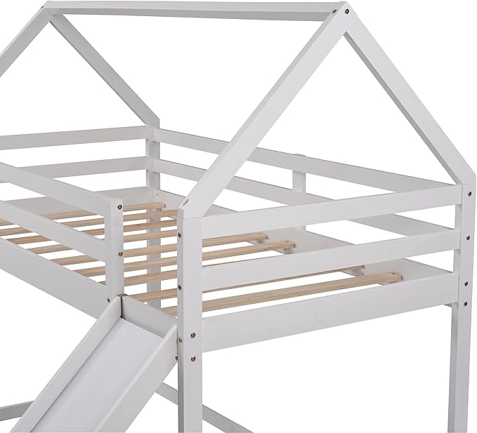 MERITLINE House Shaped Bunk Bed Twin Over Twin Size Wood Bunk Bed with Slide Low Bunk Beds for Boys and Girls, Twin Size, White