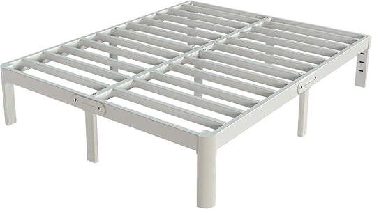 White Bed Frame Queen Size 14 Inch, Metal Queen Bed Frame No Box Spring Needed, Heavy Duty Steel Support 3500 LBS, DIY Headboard, Noiseless, Round Corner Legs, Storage Space, Easy Assembly