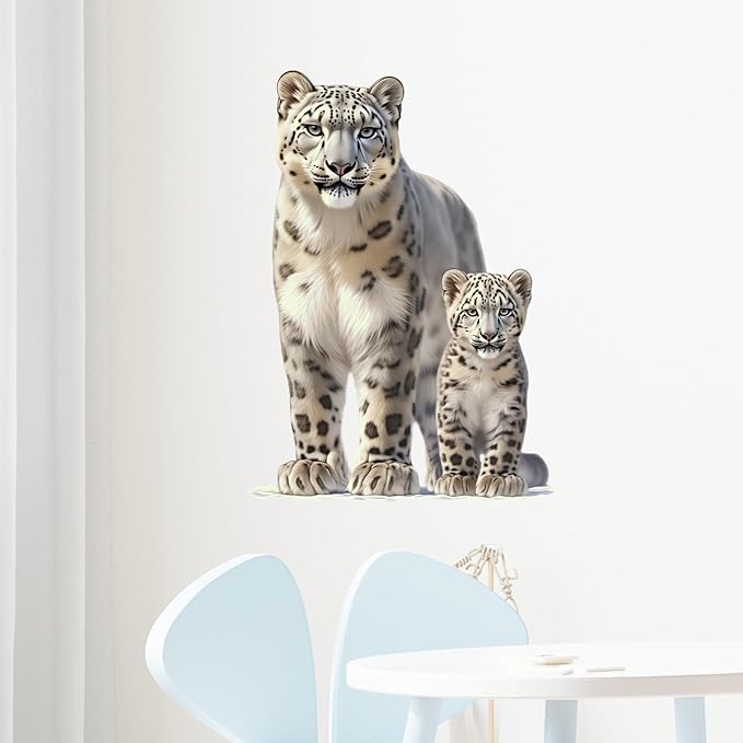 Lifelike Snow Leopard with Cub Wall Decal Nursery Animal Wall Sticker Removable Peel and Stick Wall Art Decor for Kid Baby Classroom Preschool Living Room Playroom Bedroom School