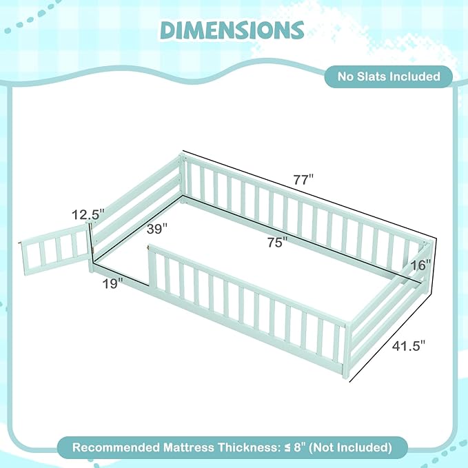 Giantex Twin Floor Bed with Door & Fence, Kids Wood Montessori Beds with Safety Guardrails, Floor Bed Twin for Kids, Boys, Girls, No Box Spring Needed, Mint Sky