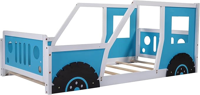 Bellemave Twin Car Bed Frame, Classic Car-Shaped Toddlers Bed with Wheels, Wooden Montessori Floor Bed for Kids (Blue & Black)