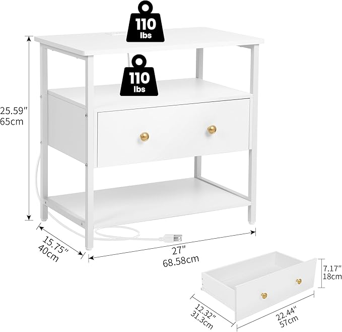 27 Inch Wide Night Stand with Charging Station, Wood Nightstand with Open Shelf, Large Drawer Bedside Table for Living Room/Bedroom/Office (White)