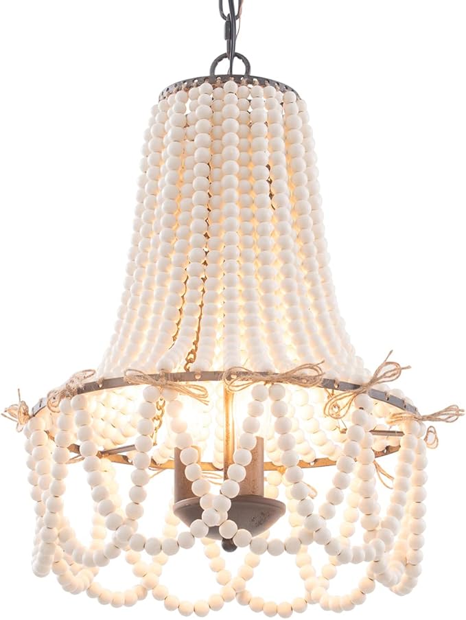 Wood Beaded Chandelier 3-Light Bohemia Pendant Light Fixture Farmhouse Round Hanging Chandelier White Beads with Black Chain for Bedroomn Dining Room Foyer