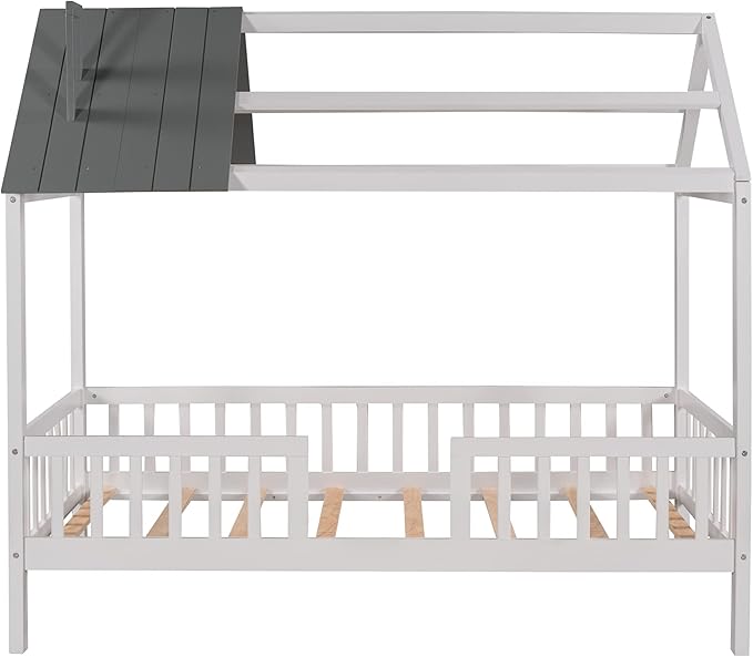 Bellemave Twin House BedFrame with Roof, Montessori Floor Bed, House Bed with Rails for Kids, White+Gray