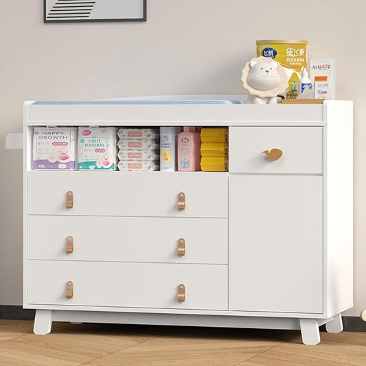 Baby Dresser with Changing Table Top, Baby Changing Table Dresser with 4 Drawers and Adjustable Shelves, Multi-Functional Diaper Changing Station, Nursery Organizer for Kids Bedroom, White