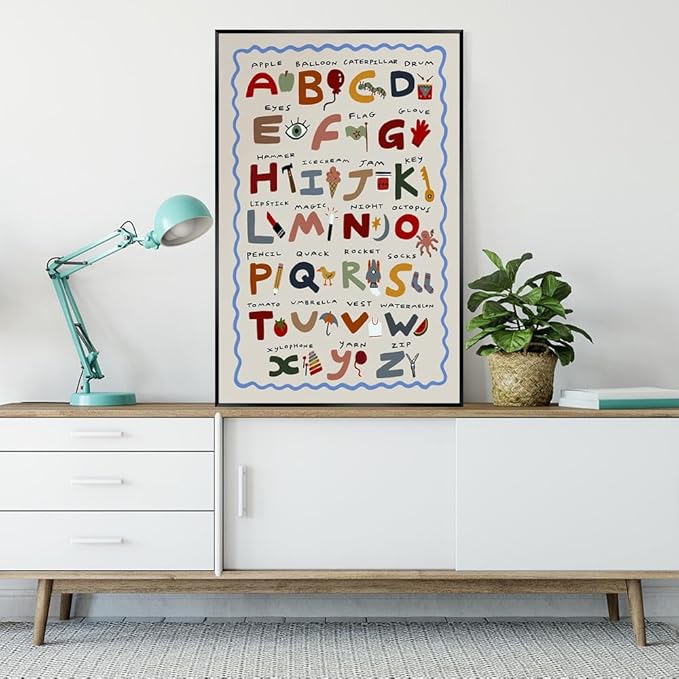 Cute First Illustration Alphabet Learning Canvas Print Posters Funny Nursery Wall Art Boho Kids Educational Abc Chart Colorful Decor Picture for Toddlers Classroom 20x30inch Metal Black Frame
