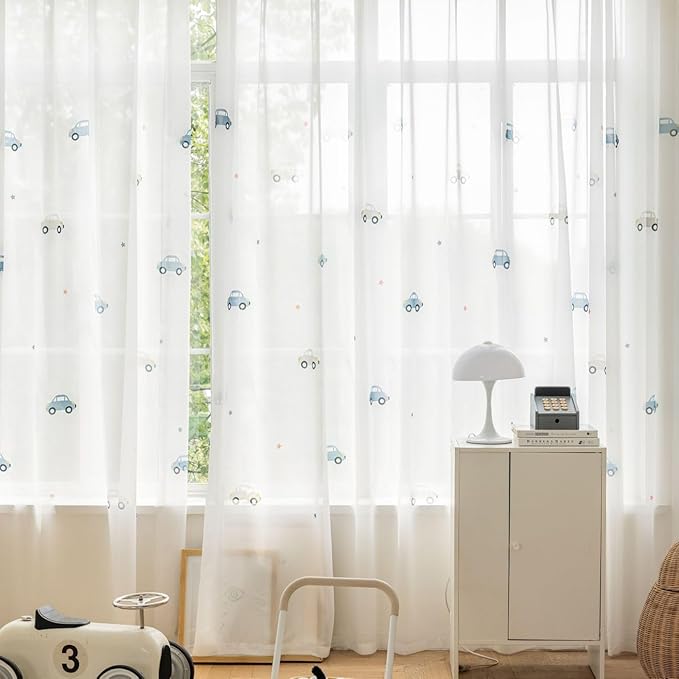 Cute Car Patterned White Sheer Curtains for Living Room Cartoon Semi Sheer Voile Drapes for Nursery Room Kids Bedroom Grommet Window Sheer Drapes 1 Panel W39 x L84 Inch