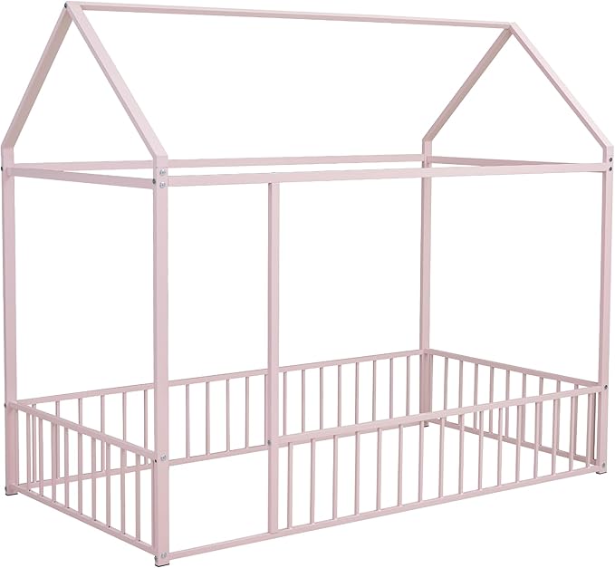 Bellemave Twin Size Montessori Floor Bed, Metal House Bed Framefor Kids, Montessori Floor Beds with Fence, Playhouse for Kids, Pink