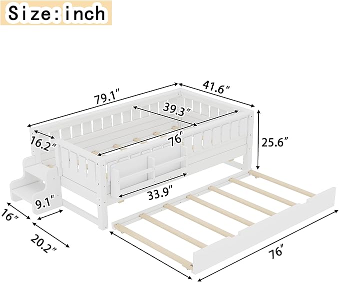 Bellemave Twin Bed with Trundle Twin and Stairs, Twin Size Platform Bed Frame with Fence and Bookshelf, Easy Assemble Beds for Kids, Girls, Boys, White
