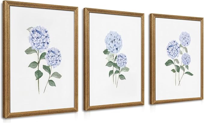 WRFON Hydrangea Wall Art, Blue Floral Wall Decor, Blue Watercolor Botanical Poster Wall Decor, Modern Minimalist Botanical Canvas Painting Print for Living Room Bedroom Wood Framed 12"x16"x3