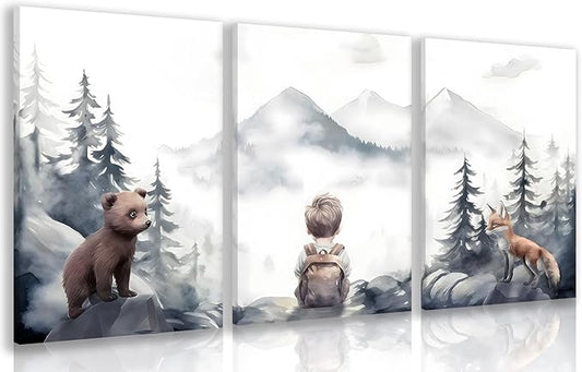 kilamino Neutral Woodland Wild Animal Wall Art, Cute Bear Fox Nursery Wall Decor, Adventure Boy Poster Prints, Vintage Forest Animal Canvas Paintings for Baby Room Classroom Playroom Framed 12"x16"x3