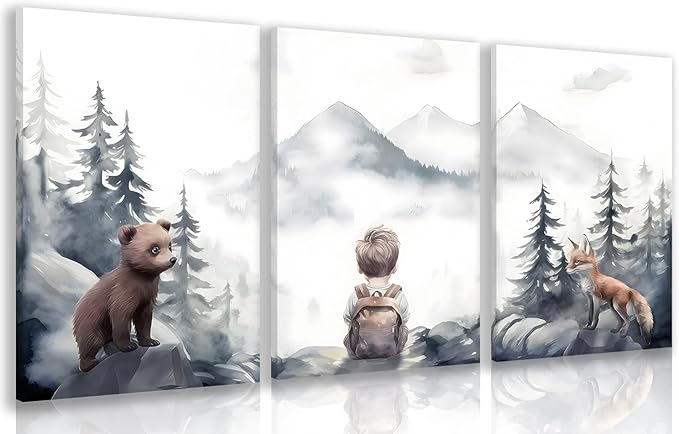 kilamino Neutral Woodland Wild Animal Wall Art, Cute Bear Fox Nursery Wall Decor, Adventure Boy Poster Prints, Vintage Forest Animal Canvas Paintings for Baby Room Classroom Playroom Framed 16"x24"x3