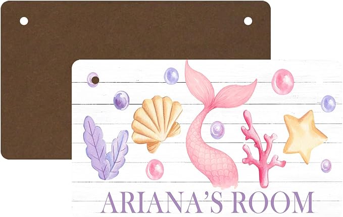 Mermaid Design Sea Theme Personalized Room Door Sign Custom Name Signs Kids Girls Bedroom Decor Nursery Dorm Farmhouse Baby Room Wood Hanger Art Wall Plaque 12x6 Inches