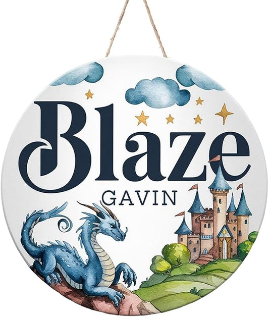 Personalized Wooden Name Signs for Nursery, Blue Dragon Sign for Baby Door Decor, Newborn Gifts for Boy, Boys Nursery Wall Bedroom Decorations, Mother's Day Gifts for New Mom Dad Gift