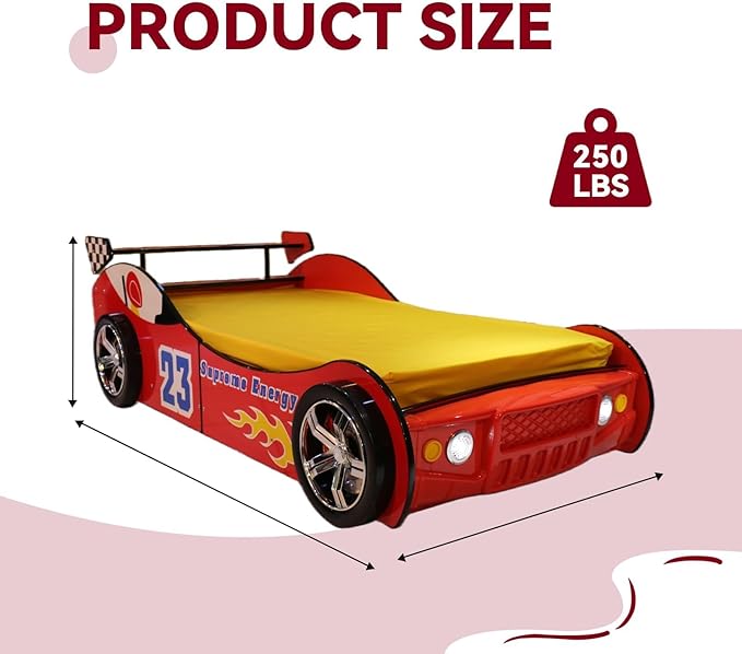 Race Car Twin Bed Frames for Kids, Wood Car-Shaped Bed Frame with LED Lights & Slat Support for Toddler, Boys or Girls (Race Car-Red)