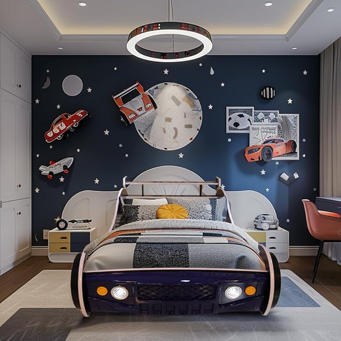 Race Car Twin Bed Frames for Kids, Wood Car-Shaped Bed Frame with Wheels LED Lights & Slat Support for Toddler, Teens, Boys or Girls (Race Car-Blue)