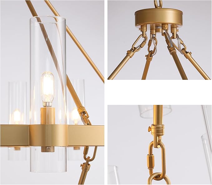 48" Gold Chandelier, 2 Tier Wagon Wheel Chandelier with Glass Shade, 24-Lights Large Round Modern Farmhouse High Ceilings Pendant Lighting Fixture for Dining Room, Living Room, Kitchen, Foyer