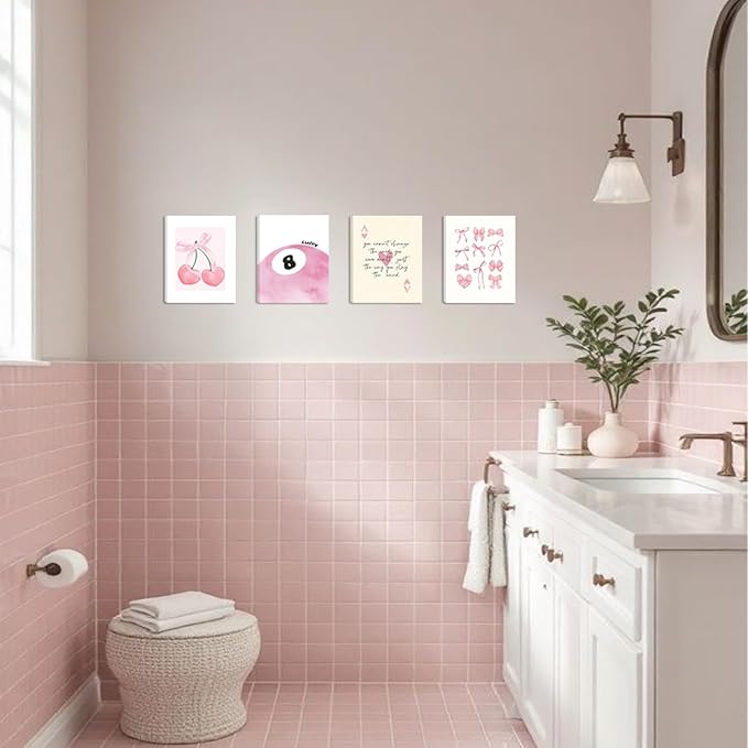 Coquette Y2K Lucky Wall Art Set of 4, Pink Preppy Aesthetic Canvas Prints, Cherry Bows 8 Ball Ace Card Wall Decor for Girls Bedroom, Dorm, Vanity, or Home Decor 8x10in Framed
