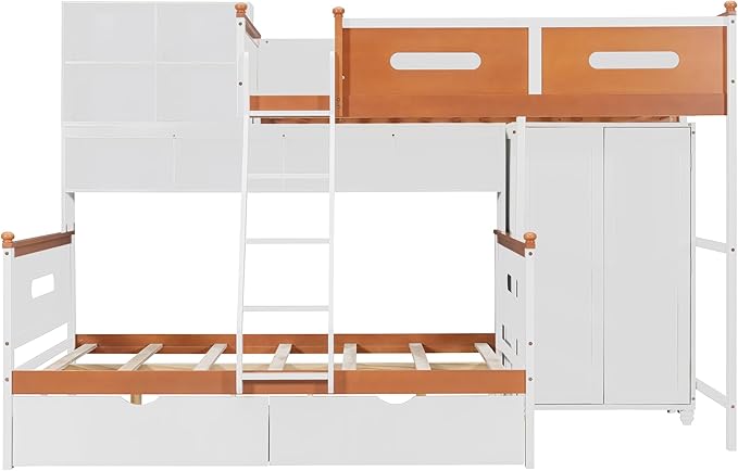 Twin Over Full Bunk Bed with Wardrobe and Drawers, Wooden Bunk Bed with Shelves and Cabinet for Kids Teens Adult Bedroom, Space Saving Design