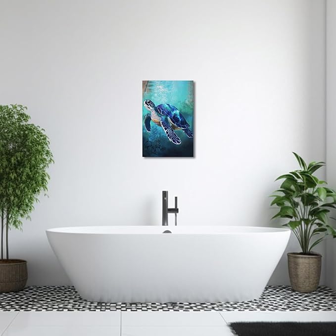 AWPANERAR Sea Turtle Wall Art Bathroom Pictures Watercolor Sea Life Canvas Prints Ocean Animal Poster Nautical Theme Artwork for Kids Room Nursery Decor Framed (Blue, (18L x 12W))