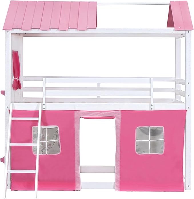 MERITLINE Full Over Full Princess Castle Bunk Bed with Tent,Ladders and Guardrail, Solid Wood Playhouse House Floor Bunk Bed with Windows and Roof (Full,Pink & White)
