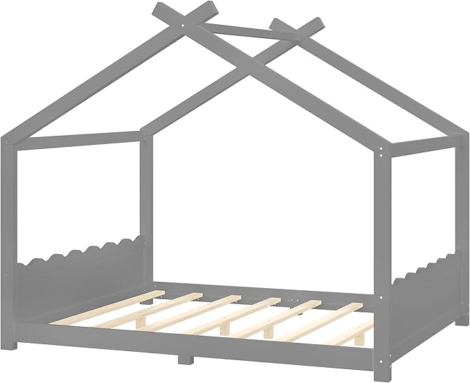 Queen Size Wooden House Floor Bed - Kids Bed Frame with Roof & Support Slats for Bedroom, No Box Spring Needed, Easy Assembly (Grey)