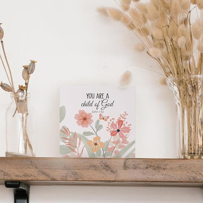 Christian Bible Verse Boho Nursery Decor, Christian Religious Decor Gift, You Are A Child of God Quote Motivational Wooden Box Block Sign Decor for Home Desk Shelf,5x5