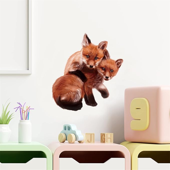 ROFARSO Lifelike Cute Lovely Two Little Foxes Animal Wall Stickers Removable Wall Decals Peel and Stick Wall Art Decorations Home Decor for Kid Nursery Baby Bedroom Living Room Playing Room Murals