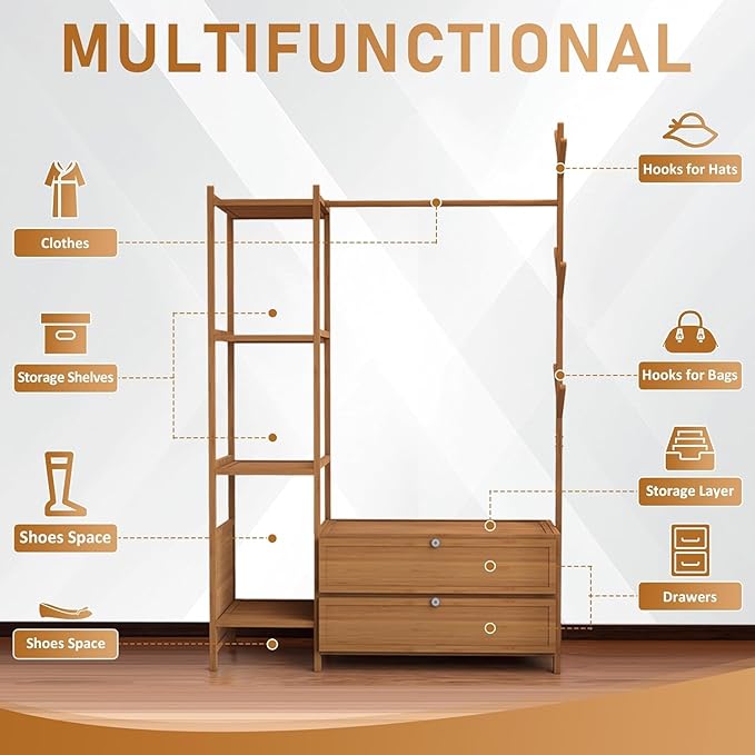 Upgraded Hanging Rack Clothing Rack with Drawers,39.37inch Solid Thickened Clothes Racks with Shelves,27.6inch Width Closet with Drawers,Clothes Racks for Hanging Clothes,Short Closet Dresser