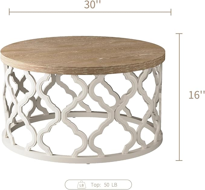 karlott Farmhouse Coffee Table, French Country Round Coffee Table, Coastal Coffee Table with Distressed Top, Boho Coffee Table with Curved Motif Frame Base for Living Room, Dining Room, Bedroom