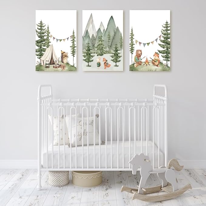 Camping Nursery Wall Art, Woodland Hiking Nursery Wall Decor, Bear Fox Animals Forest Mountain Wall Art, Nature Kid Print for Baby Boy Girl Bedroom, Children's Room Decor, Framed Canvas, 12"x16"x3