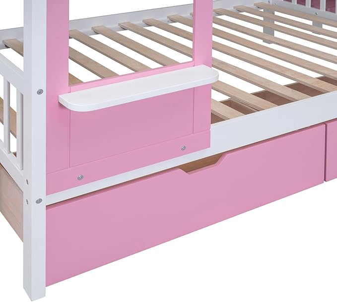 MERITLINE Full Over Full Castle Bunk Bed with Slide,Stairs and Drawers,Solid Wood Floor House Princess Bunk Bed with Storage Shelves (Pink,Full Over Full)