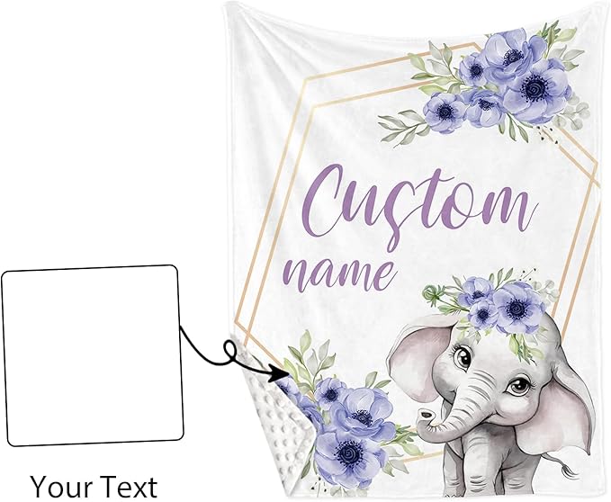Custom Baby Crib Bedding Set - Purple Flower Elephant Design Personalized Name Baby Nursery Bedding 3 Pcs Set - Chic Soft Blanket, Fitted Sheet, Room Rug for Newborns Boys Girls Gifts