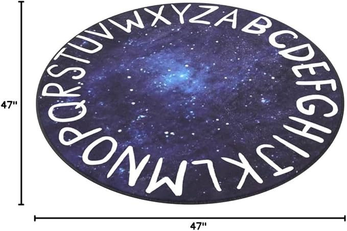 LIVEBOX Space Round ABC Rug for Kids Playroom, Alphabet Nursery Rug Crawling Play Mat for Children Bedroom, Galaxy Washable Rug Learning Carpet for Baby Toddlers Room (47",Star Blue)