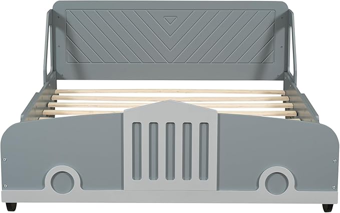 Full Size Car-Shaped Platform Bed with Wheels, Solid Wood Car Bed Frame with Strong Slatted Support for Kids Teens Boys Girls Bedroom, Fun Play Design Kids Floor Bed (Gray-WL55)