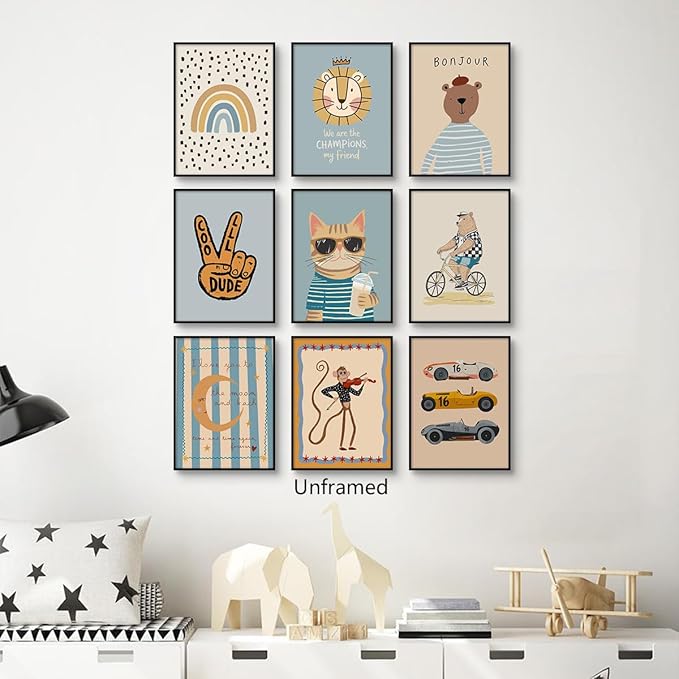9 Pieces Nursery Canvas Wall Art, Cute Milkshake Cat Poster, Happy Bear and Violin Playing Monkey Kids Poster, Boys Playroom Cars Picture, Cozy Rainbow Dots and Smiling Moon Print 12x16in Unframed